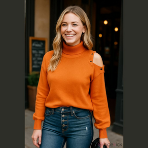 Kirundo Turtleneck Cold Shoulder Button Sweater Solid Lantern Sleeve
